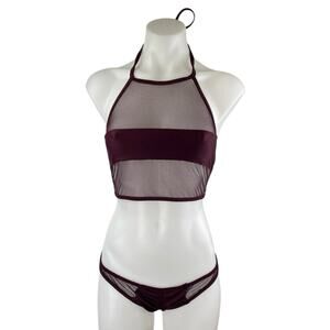Veronica Pagan Red Burgundy Mesh Halter Bandeau Two Piece Bikini Set Swimwear L